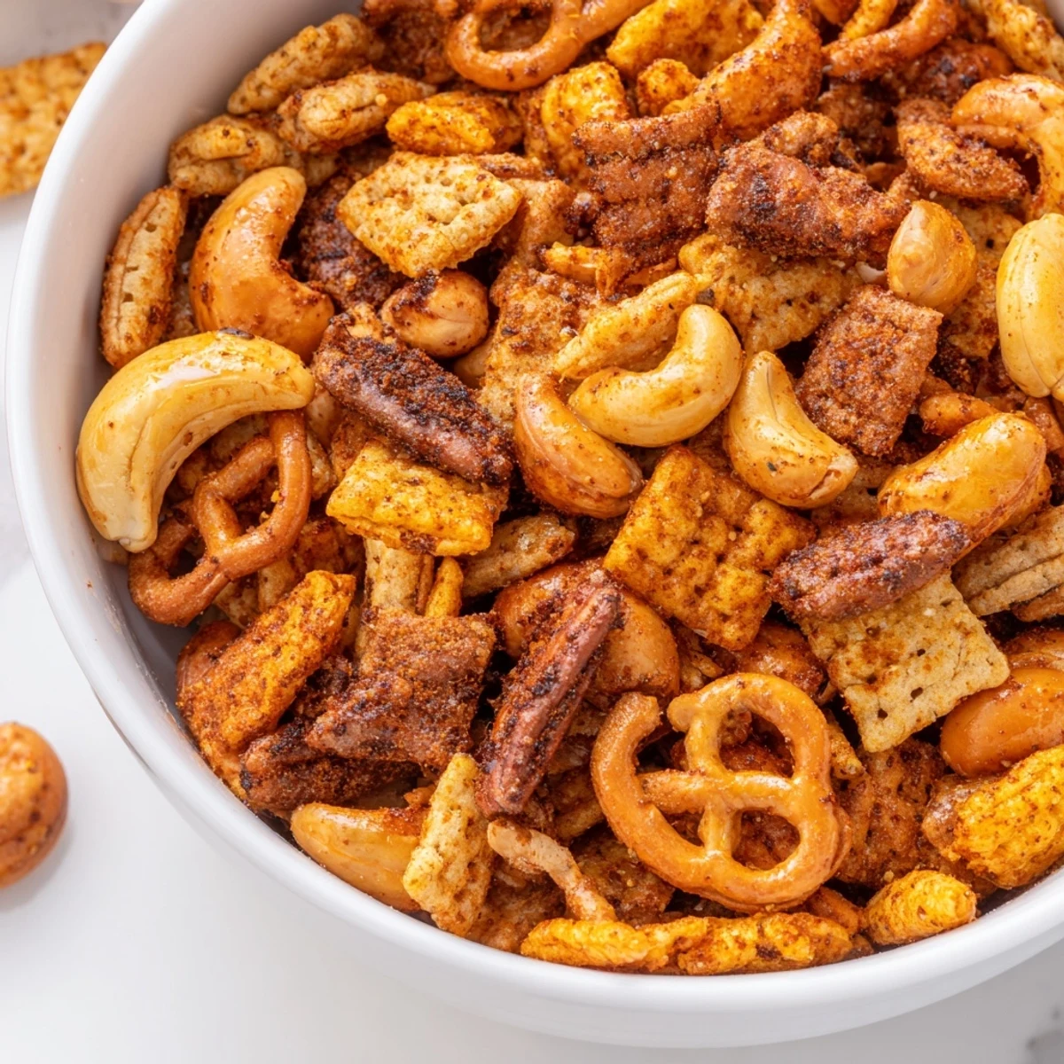 Roasted peanuts, cashews, and cheese crackers coated in a bold, spicy seasoning blend.
