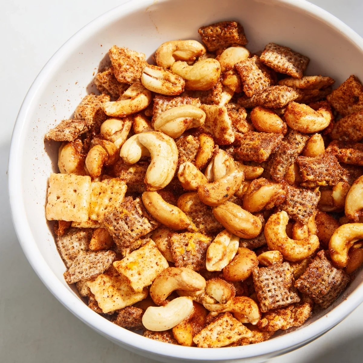 Warm party snack mix cooling on parchment paper, ready for serving or storing.