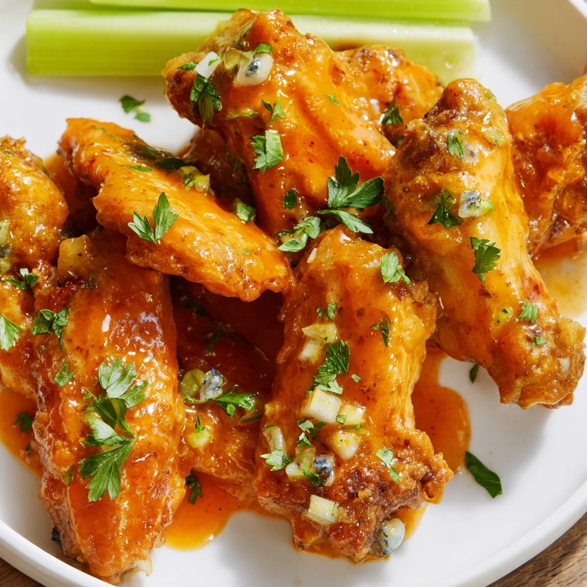 Freshly chopped parsley and celery sticks accompany these saucy wings, perfect for game day.