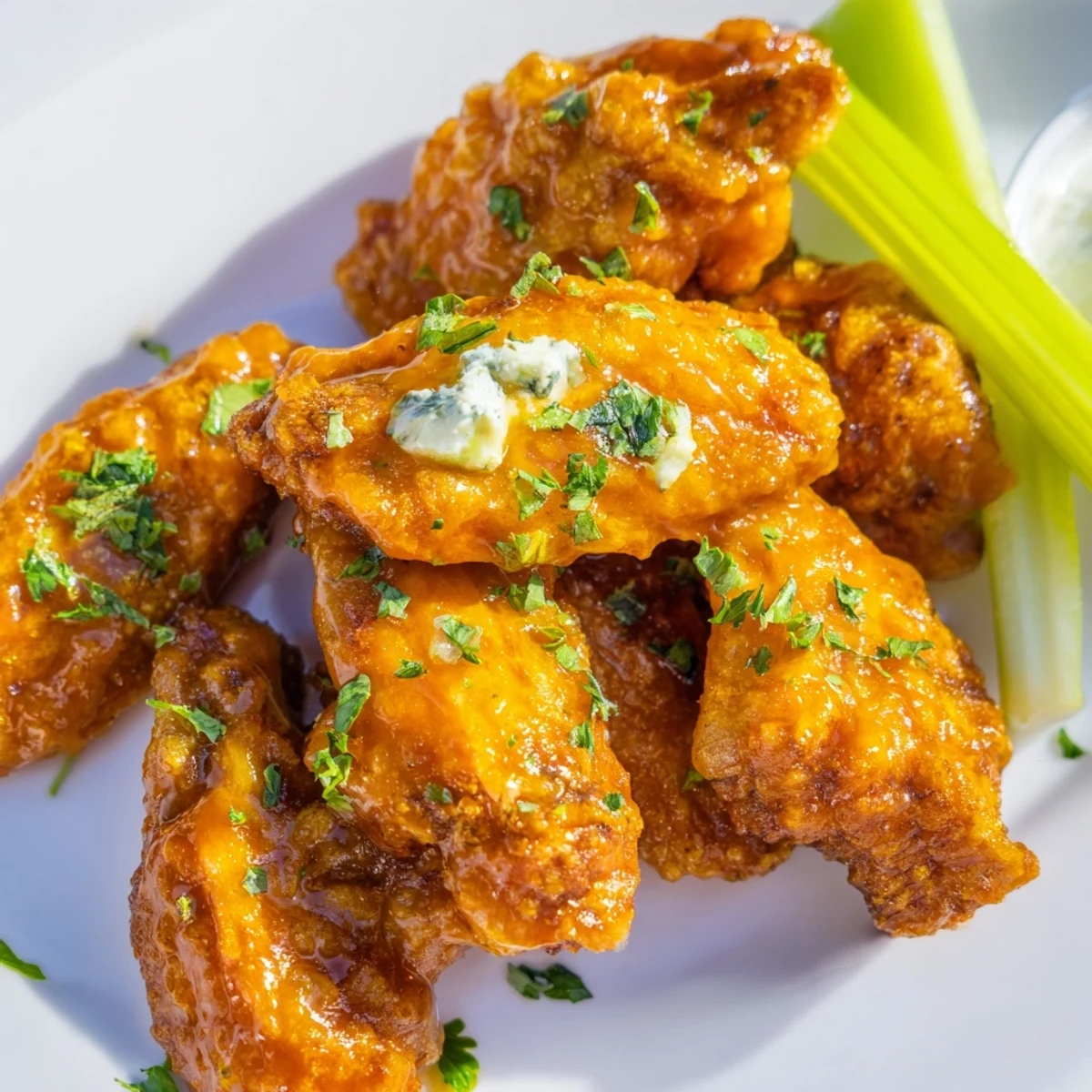 Crispy, golden-baked Chicken Appetizer Wings glistening with tangy, slightly spicy sauce on a platter.