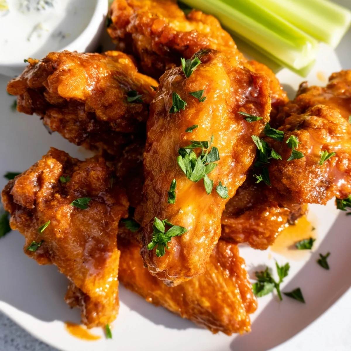 Piping hot, baked Chicken Appetizer Wings tossed in buttery Frank's RedHot style sauce.