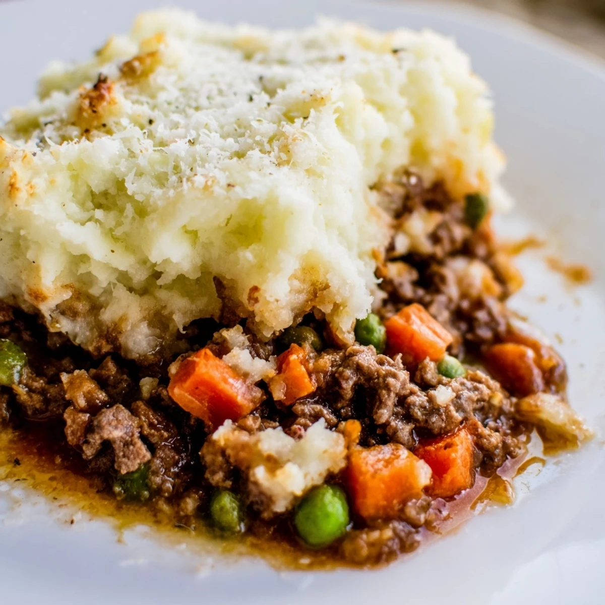 Golden brown Beef Shepherds Pie with Cauliflower Mash bubbling in a ceramic dish, fresh parsley garnish.