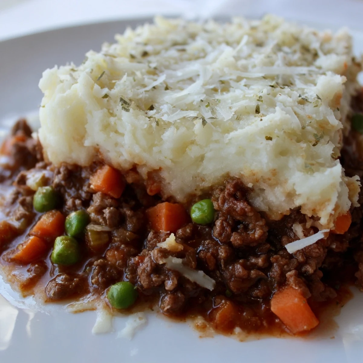 Spoon lifting a scoop of savory Beef Shepherds Pie with Cauliflower Mash revealing a rich filling.