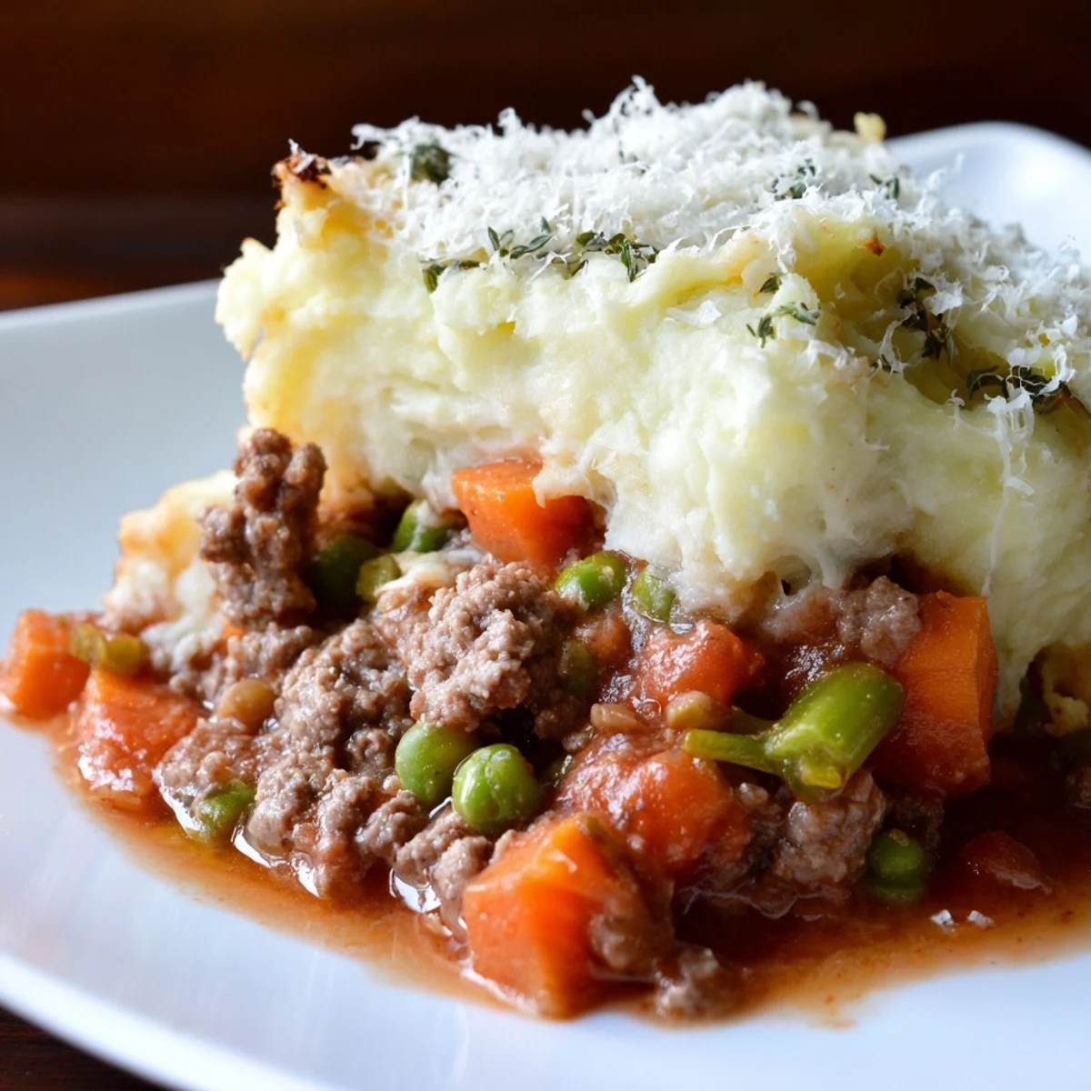 Rustic Beef Shepherds Pie with Cauliflower Mash served alongside a crisp green salad on a table.