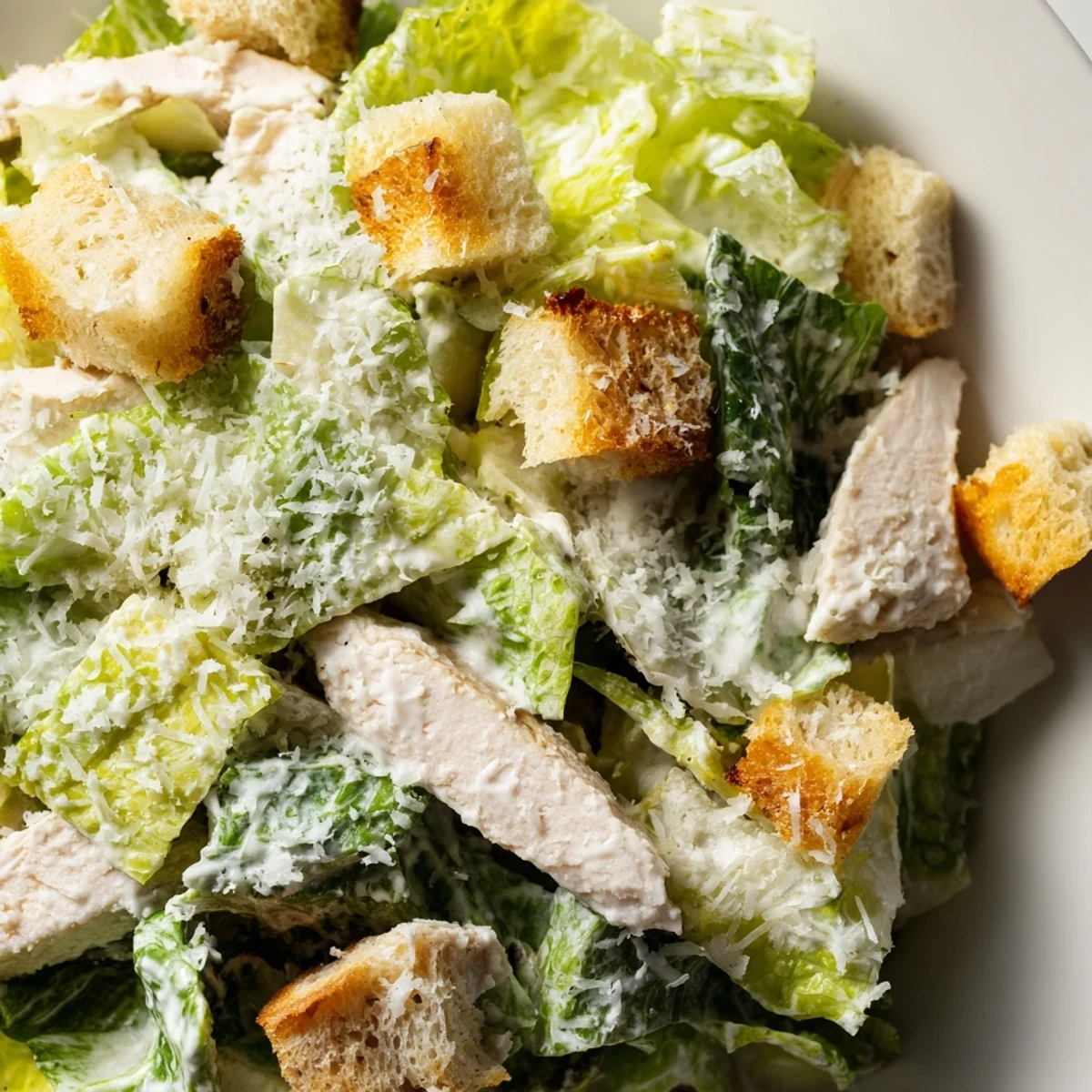Freshly grilled chicken breast slices rest atop crisp chopped romaine lettuce in this Chicken Caesar Salad.