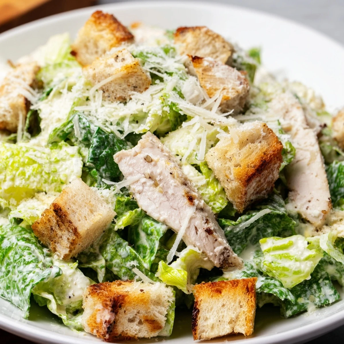 Golden homemade croutons add a satisfying crunch to the vibrant green salad.