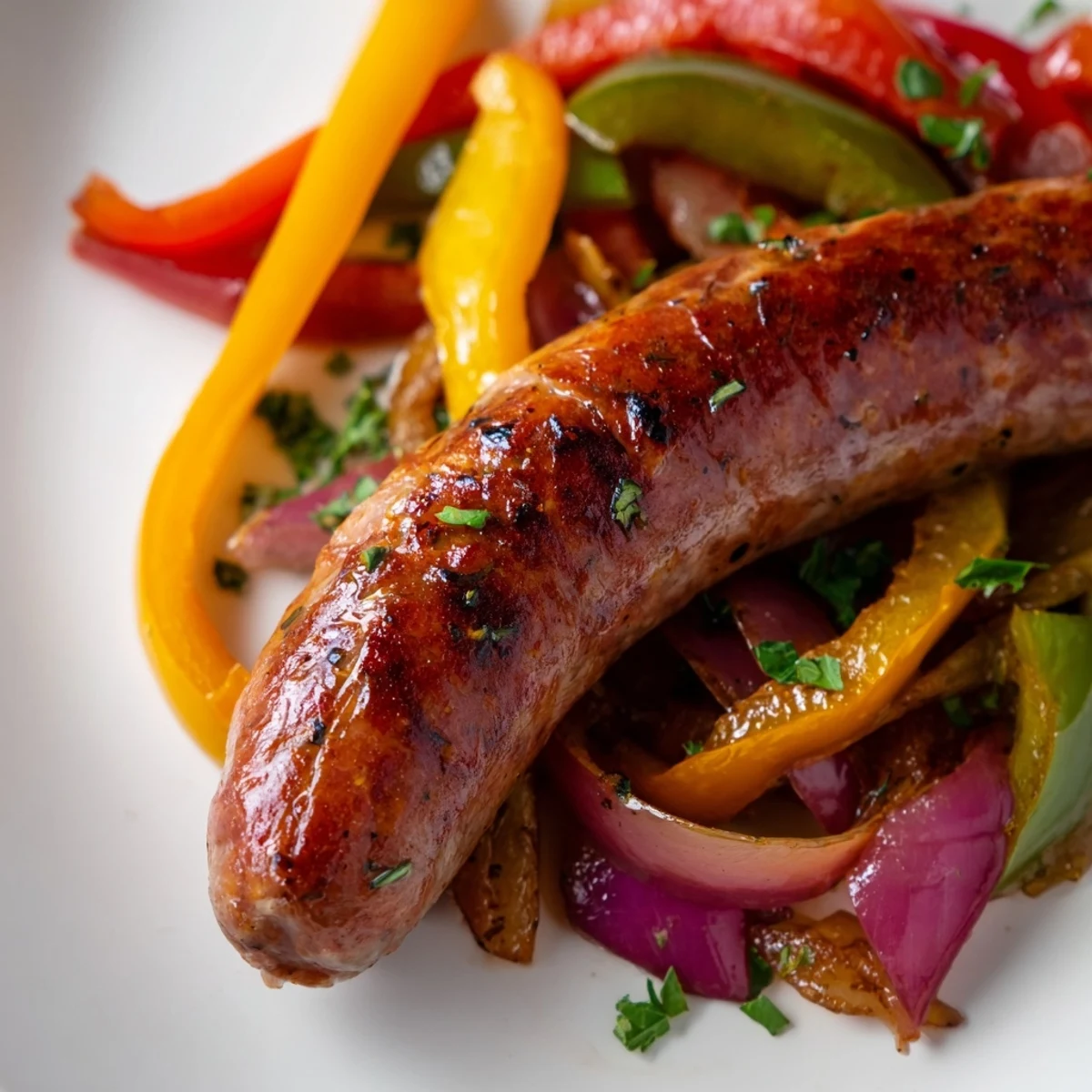 Golden-brown Italian sausages roasted with sweet red, yellow, and green bell peppers and onions on a sheet pan, served as an easy one-pan dinner.