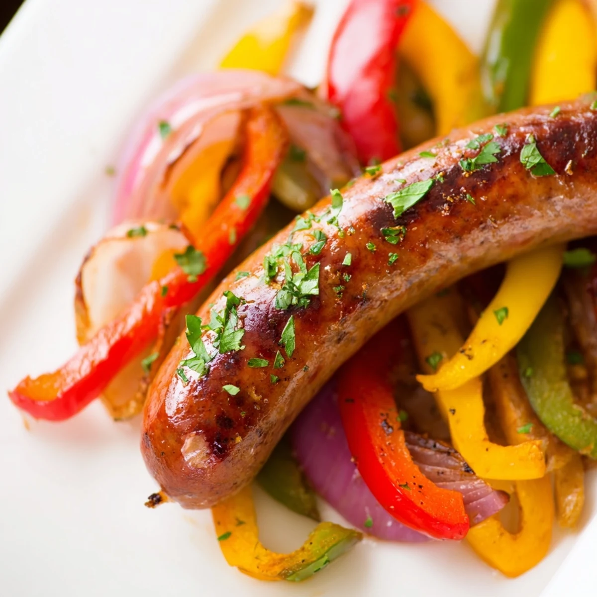 Freshly roasted Sheet Pan Sausage and Peppers bubbling from the oven with juicy sausages nestled among tender, caramelized vegetables for a family-style meal.