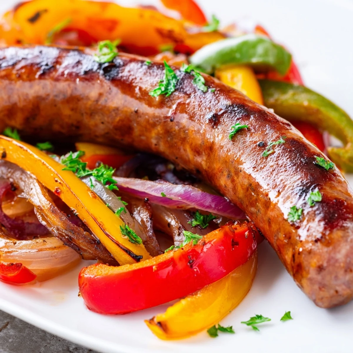 Sliced mild Italian sausages and vibrant roasted peppers with onions garnished with fresh parsley, perfect for gluten-free hoagie rolls or a low-carb dinner.