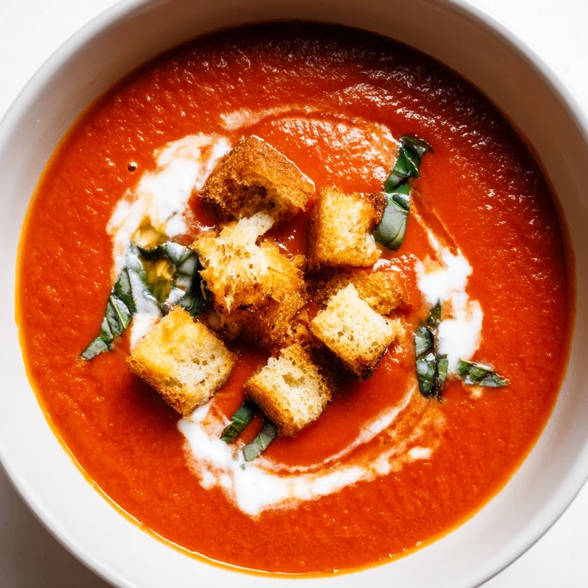 A spoon lifts a rich, velvety spoonful of Creamy Tomato Basil Bisque with Croutons, revealing its smooth, bright red texture. 