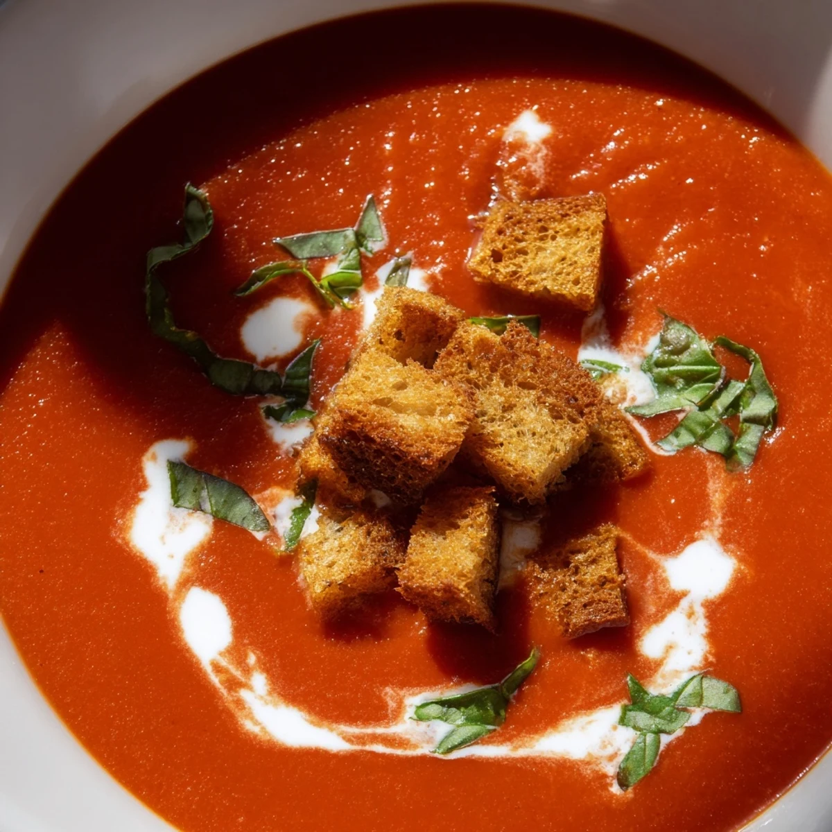Creamy Tomato Basil Bisque with Croutons served hot in a rustic white bowl, topped with golden, crispy croutons and fresh basil leaves. 