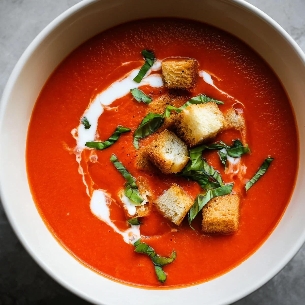 Garnished bowl of Creamy Tomato Basil Bisque with Croutons, perfect alongside a grilled cheese sandwich for a comforting lunch.