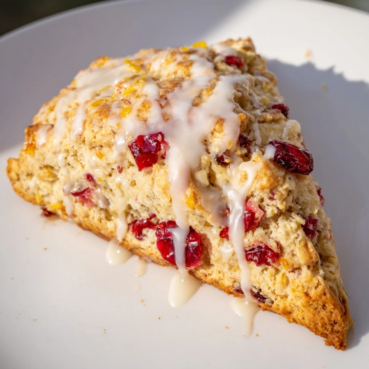 Freshly baked Cranberry Orange Scones with orange glaze on a cooling rack, featuring golden edges and vibrant red berries.