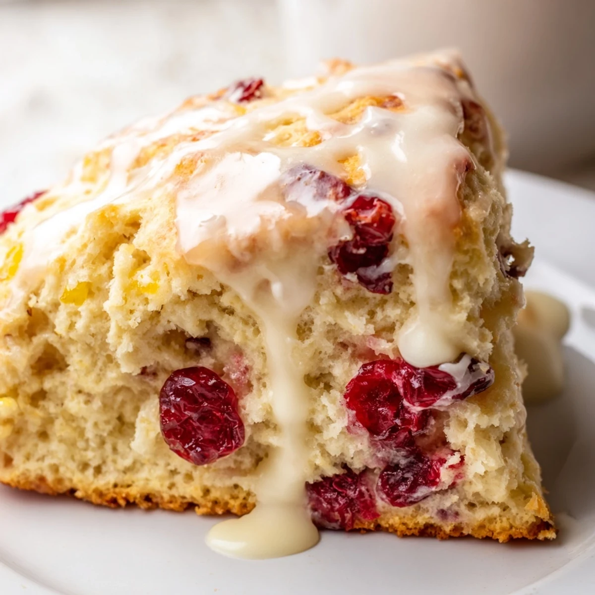 Warm Cranberry Orange Scones drizzled with sweet citrus glaze, set against a rustic wooden background for a inviting brunch photo.