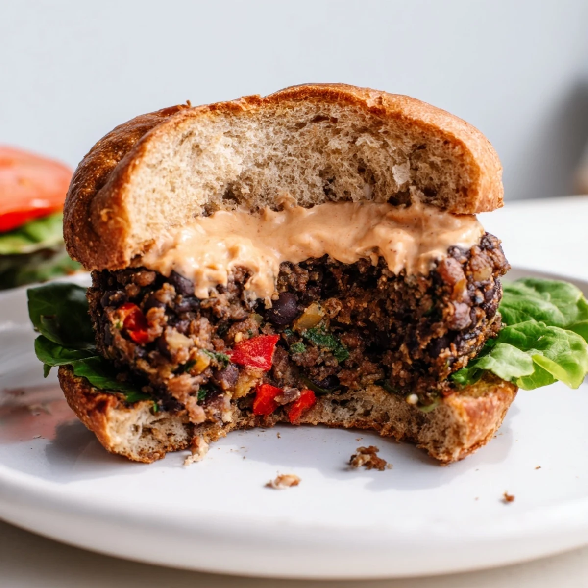 Crisp vegan burger buns slathered with smoky chipotle mayo, stacked with fresh toppings.