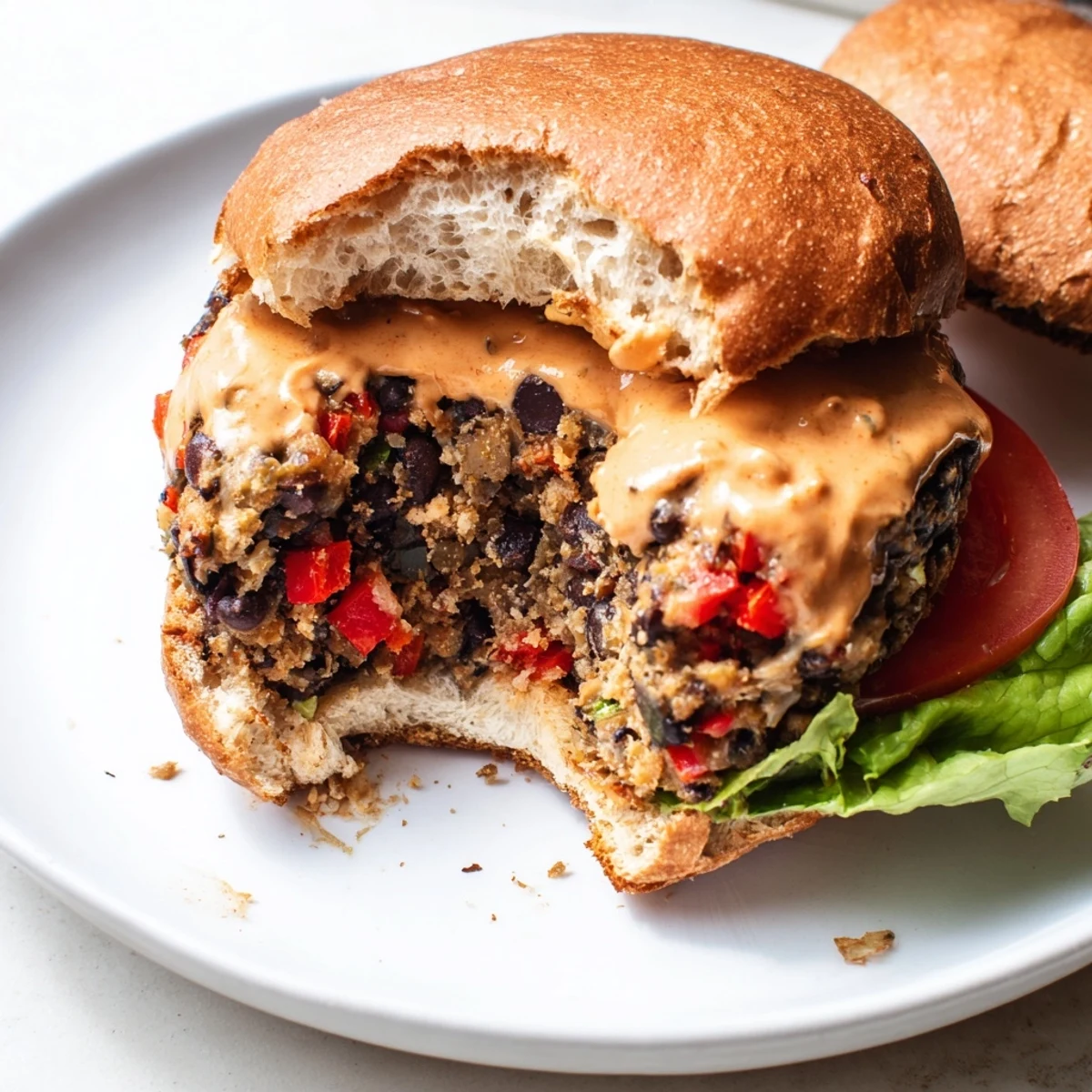 Homemade Vegan Black Bean Burger with Chipotle Mayo plated with sweet potato fries.