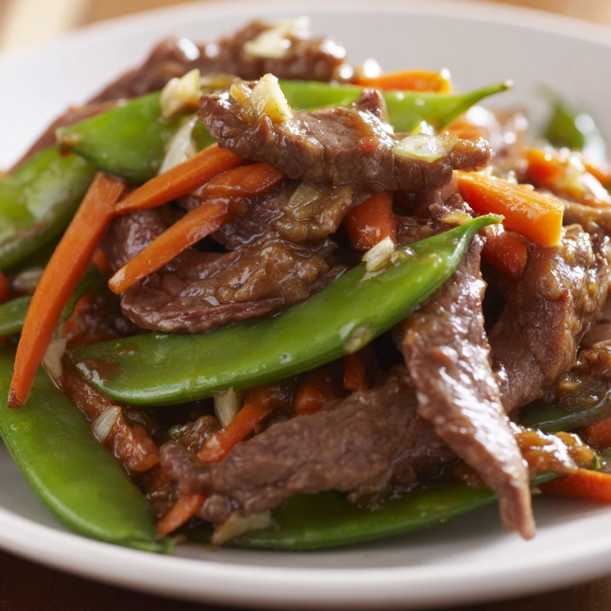 Steam rises as tender beef strips, crisp snow peas, and julienned carrots are tossed in a savory brown sauce in a hot wok.