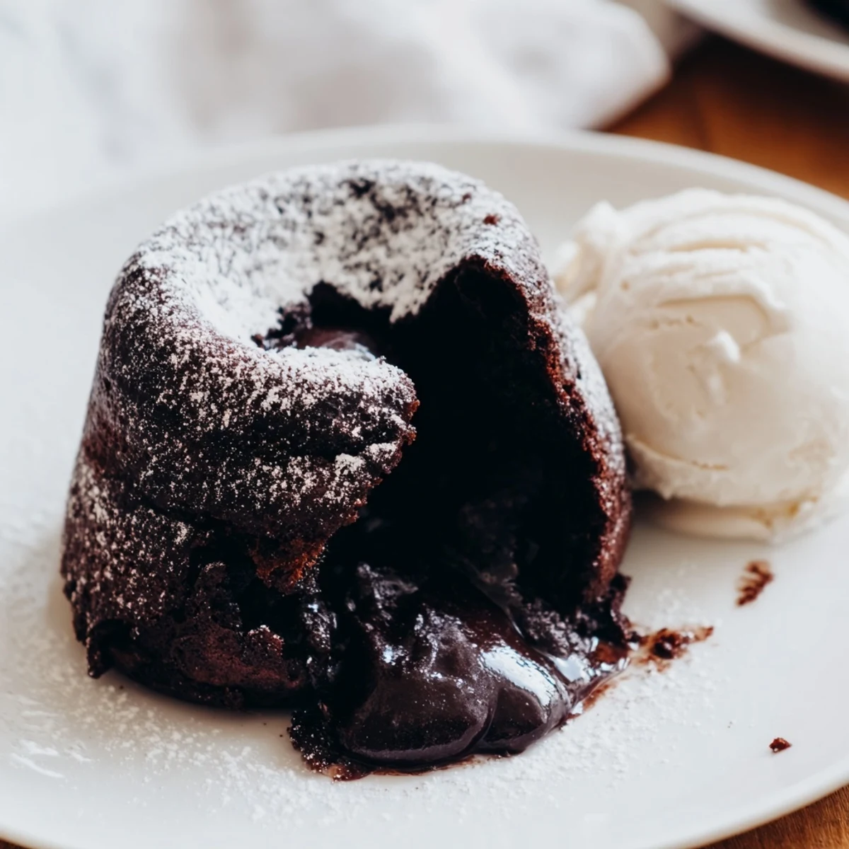 Warm Chocolate Lava Cakes with Vanilla Ice Cream are plated, revealing a rich, molten chocolate center next to a melting scoop.