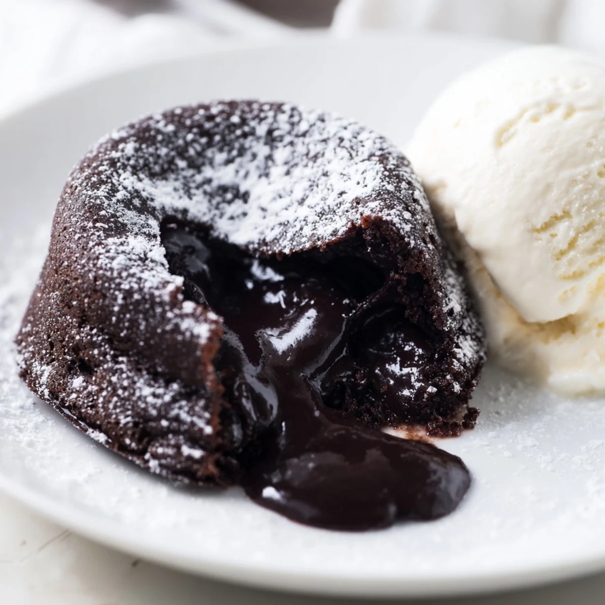 Individual Chocolate Lava Cakes with Vanilla Ice Cream sit on a white plate, ready to be enjoyed for dessert.