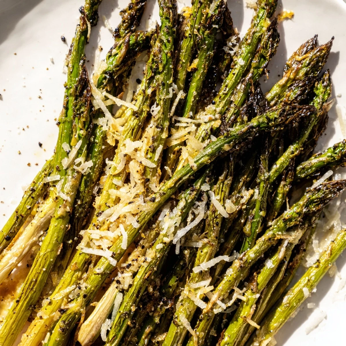 Roasted Asparagus with Parmesan and Lemon on a white plate, garnished with lemon wedges for an easy side dish.