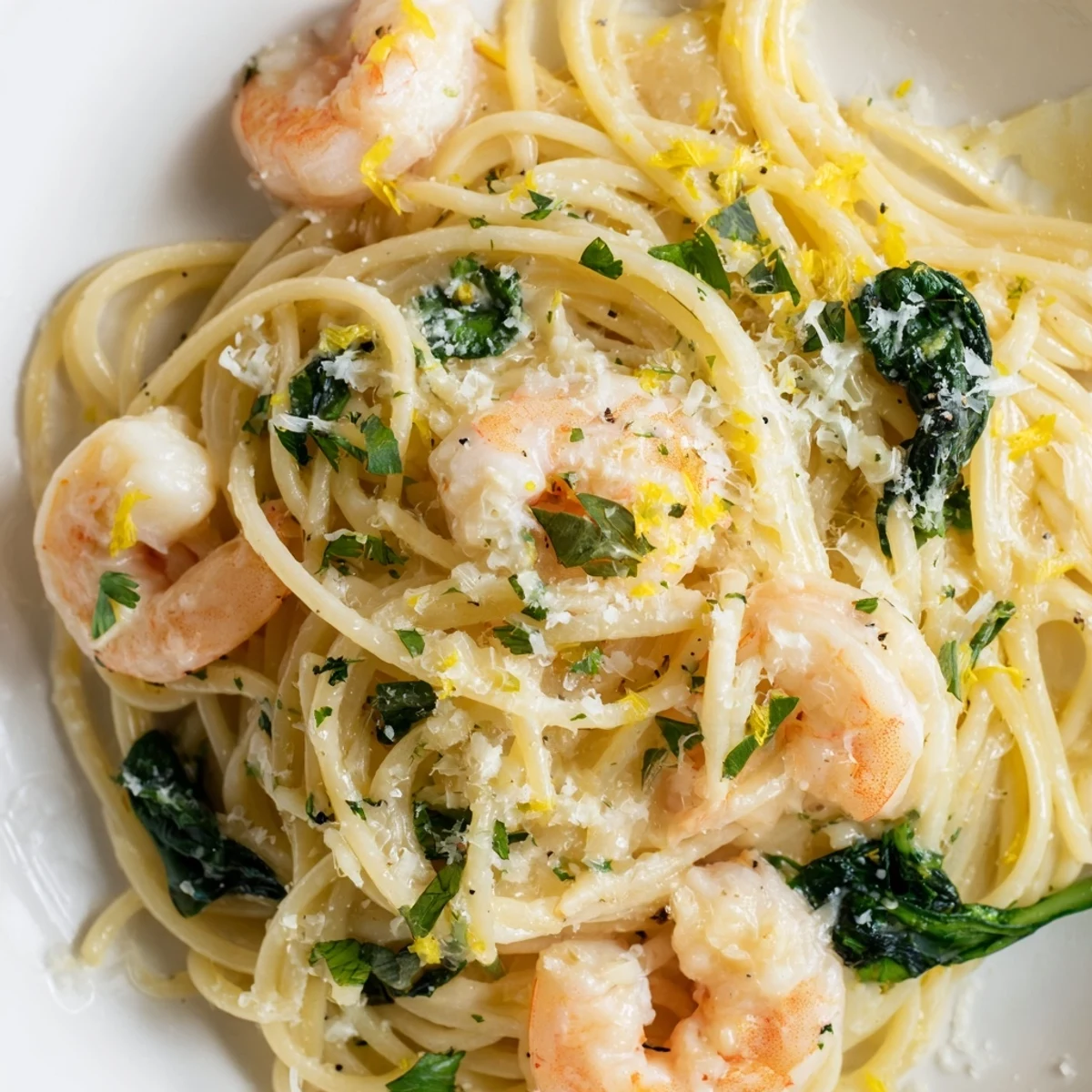 Bright yellow lemon garlic shrimp pasta with spinach piled on a white plate, garnished with fresh parsley and Parmesan.