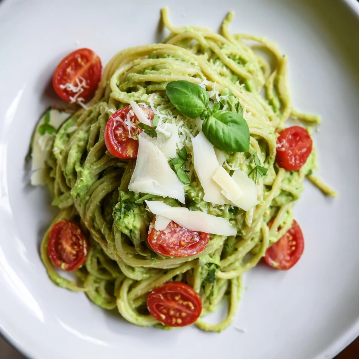 Creamy Avocado Lime Pasta with Cherry Tomatoes twirled on a fork with basil garnish and halved tomatoes on a white plate.