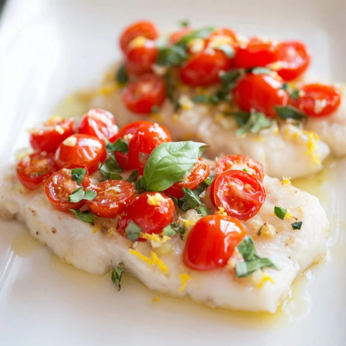 Freshly baked halibut fillets glazed with lemon, topped with a vibrant tomato and basil relish for a light Mediterranean dinner.