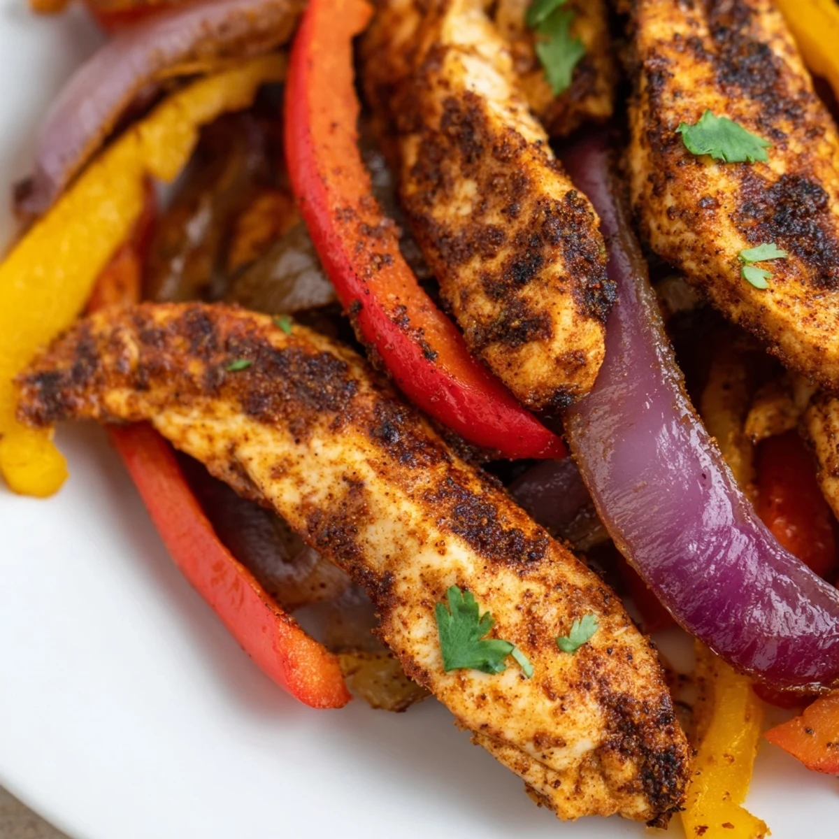 Roasted Sheet Pan Chicken Fajitas with Onions and Peppers served warm with lime wedges and fresh cilantro garnish.