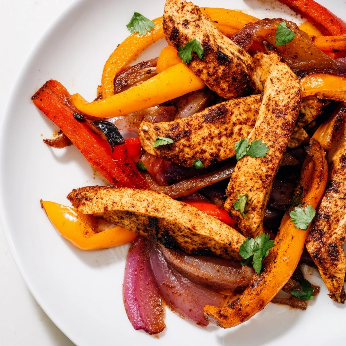 Freshly baked Sheet Pan Chicken Fajitas with Onions and Peppers topped with cilantro, ready for weeknight dinner.