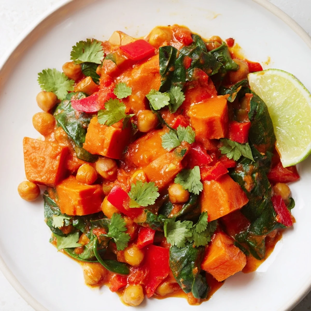 Fork tender sweet potatoes and chickpeas in a creamy vegan curry, topped with fresh cilantro and served over fluffy rice.