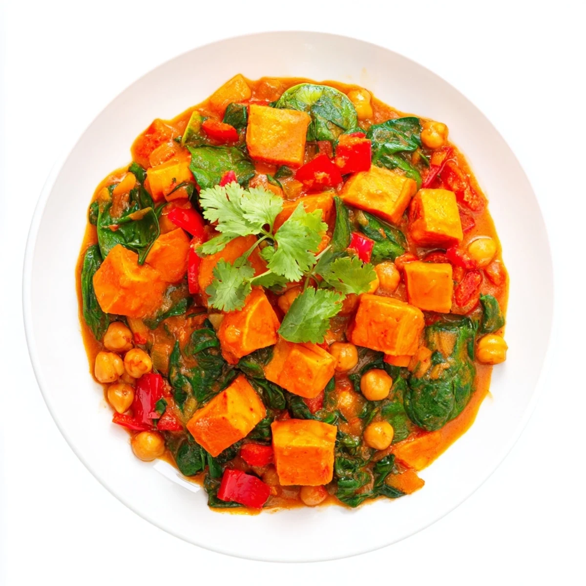 A vibrant bowl of Vegan Sweet Potato Curry with Spinach and Chickpeas, featuring wilted greens and golden potatoes in a coconut sauce.