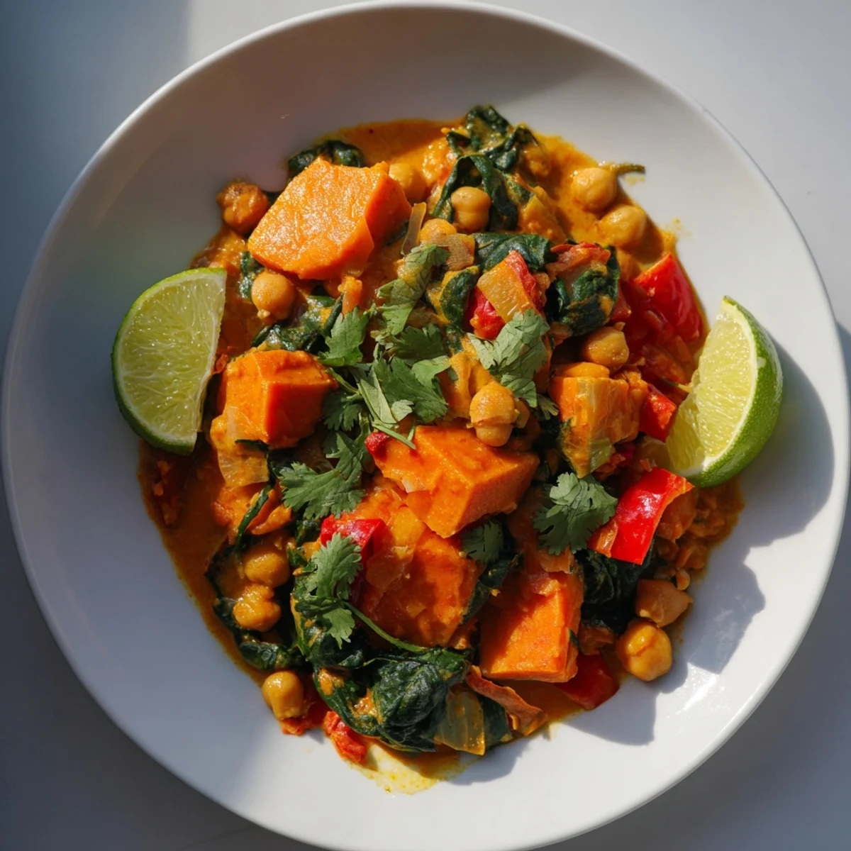 Close-up of a ladle scooping hearty Vegan Sweet Potato Curry with Spinach and Chickpeas, showing the rich, aromatic tomato and coconut broth.