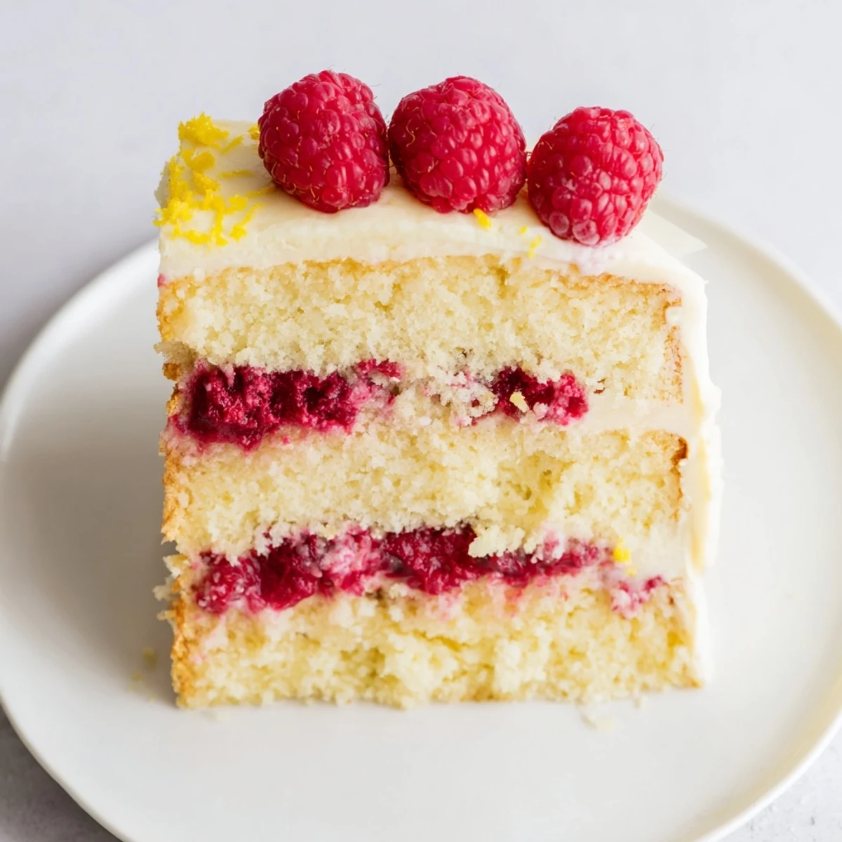 Freshly baked Lemon Raspberry Layer Cake with lemon buttercream, displayed on a cake stand with raspberries and lemon slices beside it.