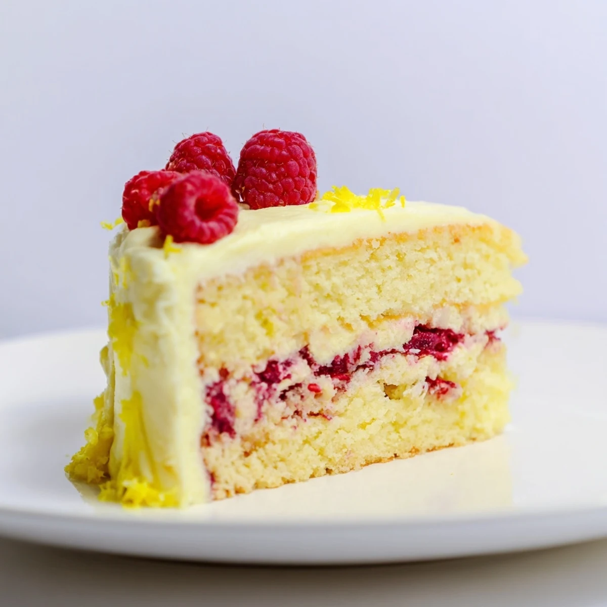 A generous slice of Lemon Raspberry Layer Cake reveals silky lemon buttercream and vibrant raspberry filling between fluffy lemon layers.