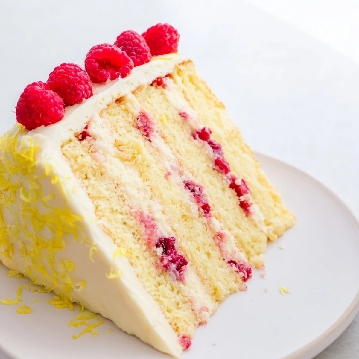Homemade Lemon Raspberry Layer Cake on a platter, decorated with fresh raspberries and lemon zest, perfect for afternoon tea or celebrations.