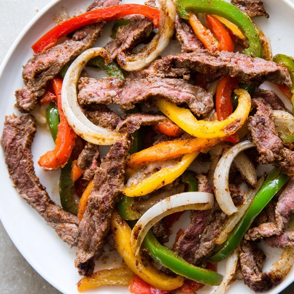 Sizzling Beef Fajita Skillet with colorful bell peppers and onions served warm with lime wedges.