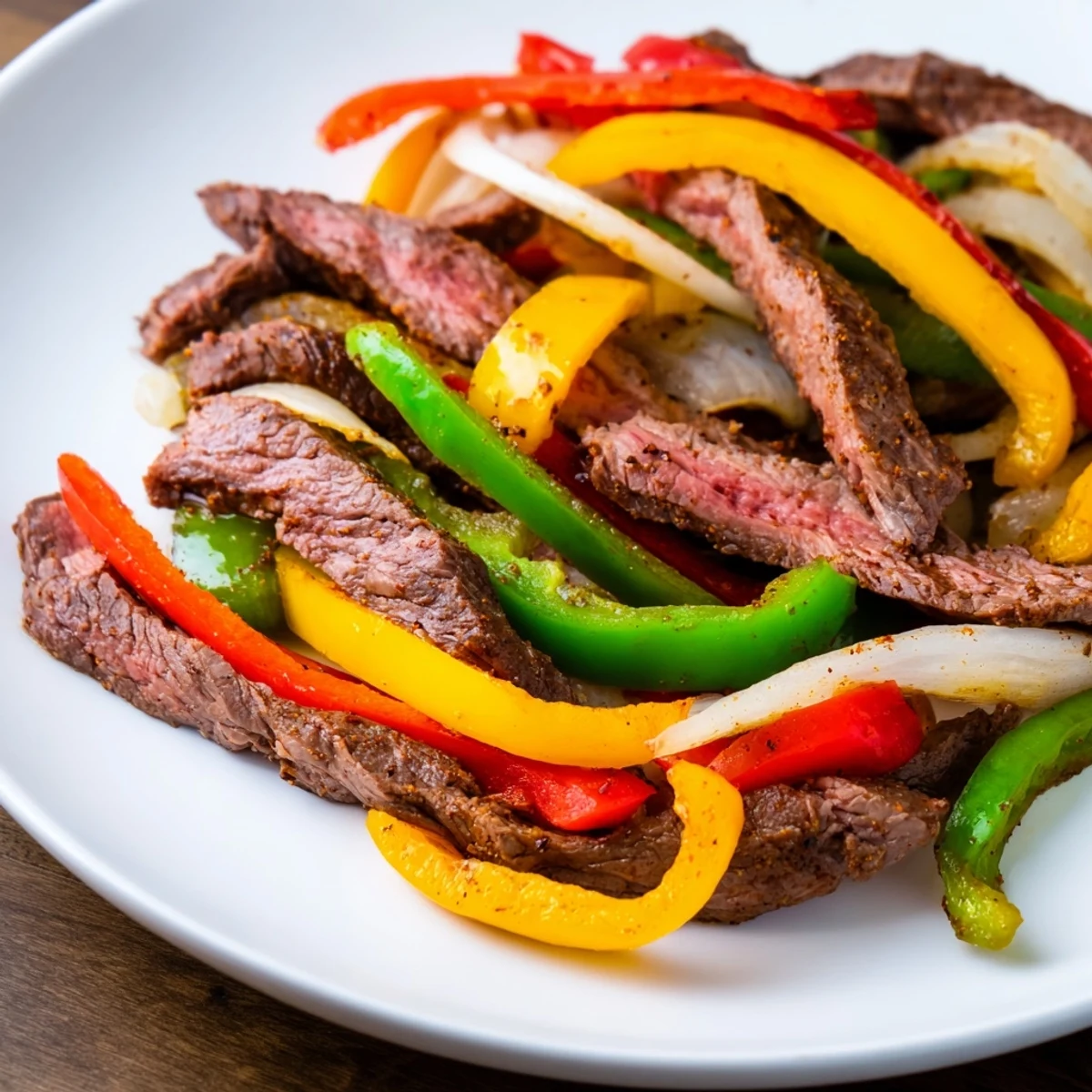 Tender sliced beef in a Beef Fajita Skillet with sautéed peppers ready to be wrapped in warm tortillas.