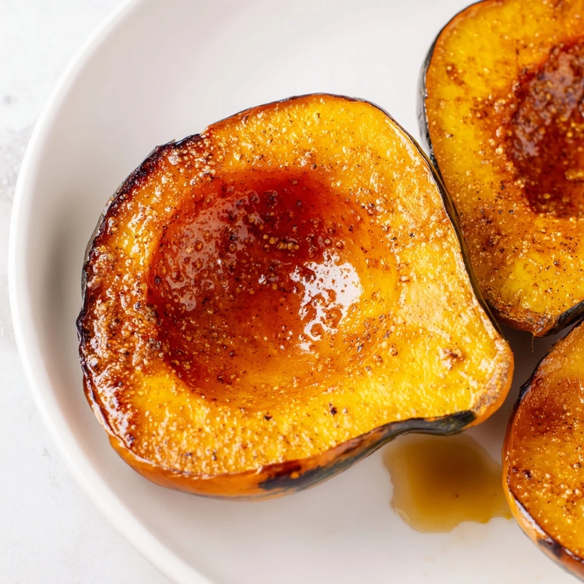Golden roasted squash halves glistening with a melted brown sugar butter glaze, served hot.