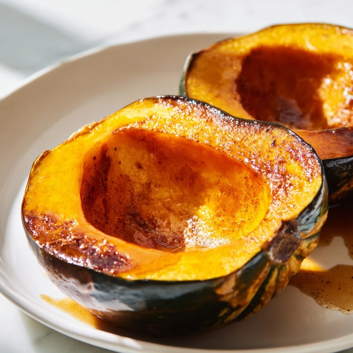 Sliced roasted acorn squash topped with bubbly cinnamon brown sugar butter, a cozy autumn side.