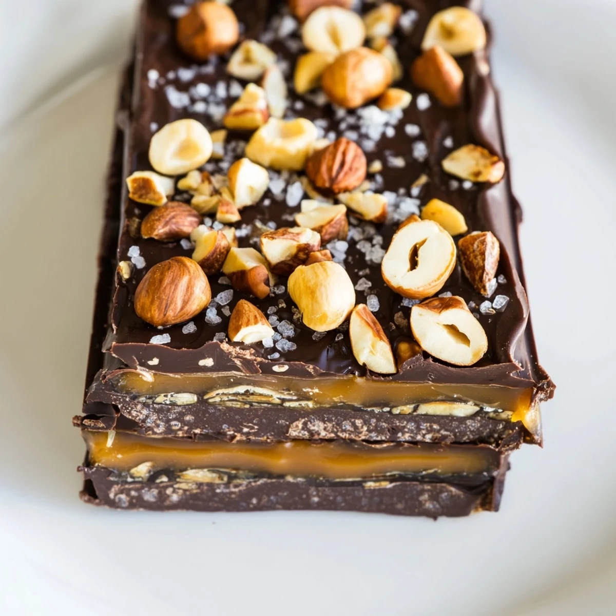 Golden cut Chocolate Bars with Caramel and Nuts, revealing layers of rich chocolate, gooey caramel, and crunchy nuts.