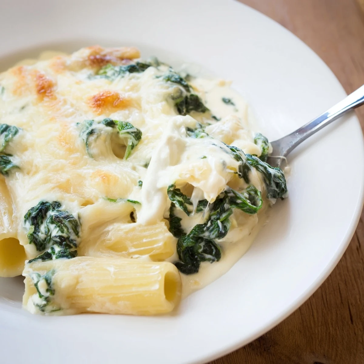 Golden, bubbling Creamy Spinach and Cheese Pasta Bake fresh from a 400°F oven.
