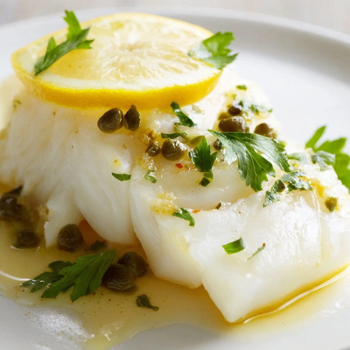 Perfectly cooked Baked Cod with Lemon Butter Sauce served alongside roasted potatoes and steamed green beans for a healthy meal.