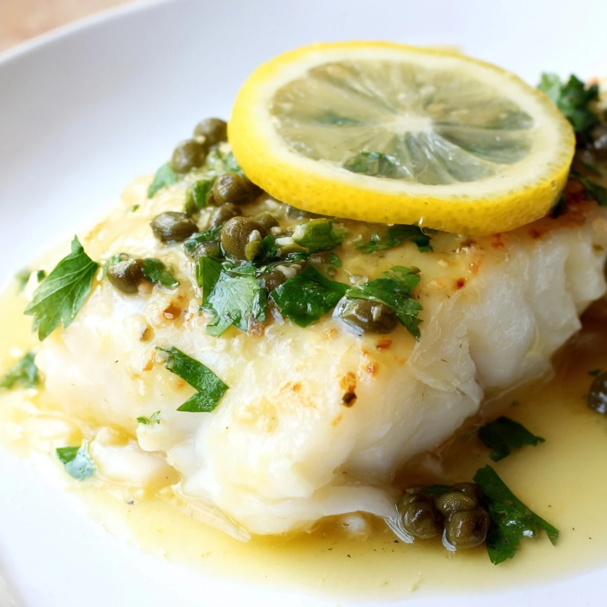 Close-up of tender Baked Cod with Lemon Butter Sauce, topped with lemon slices and capers on a rustic ceramic dinner plate.