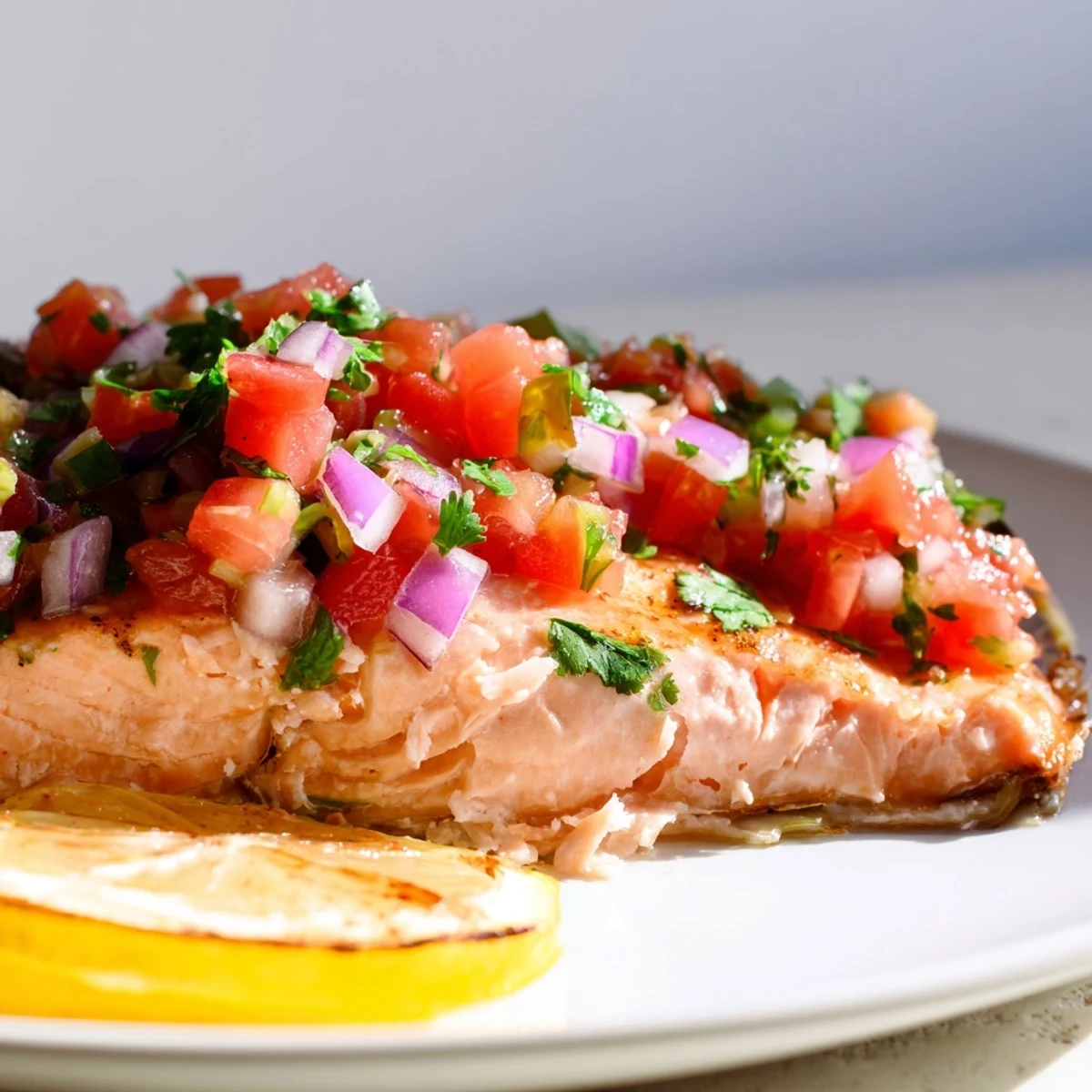 Tender, flaky salmon with a sprinkle of paprika and fresh lemon slices, served with a spoonful of salsa.
