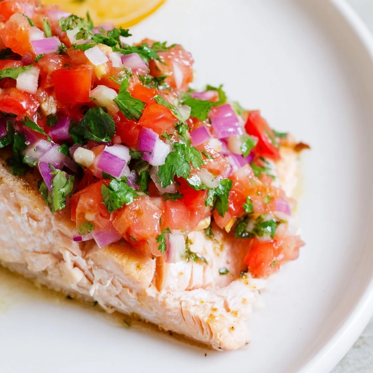 Golden-baked salmon fillets topped with a vibrant, zesty tomato and onion salsa on a white plate.