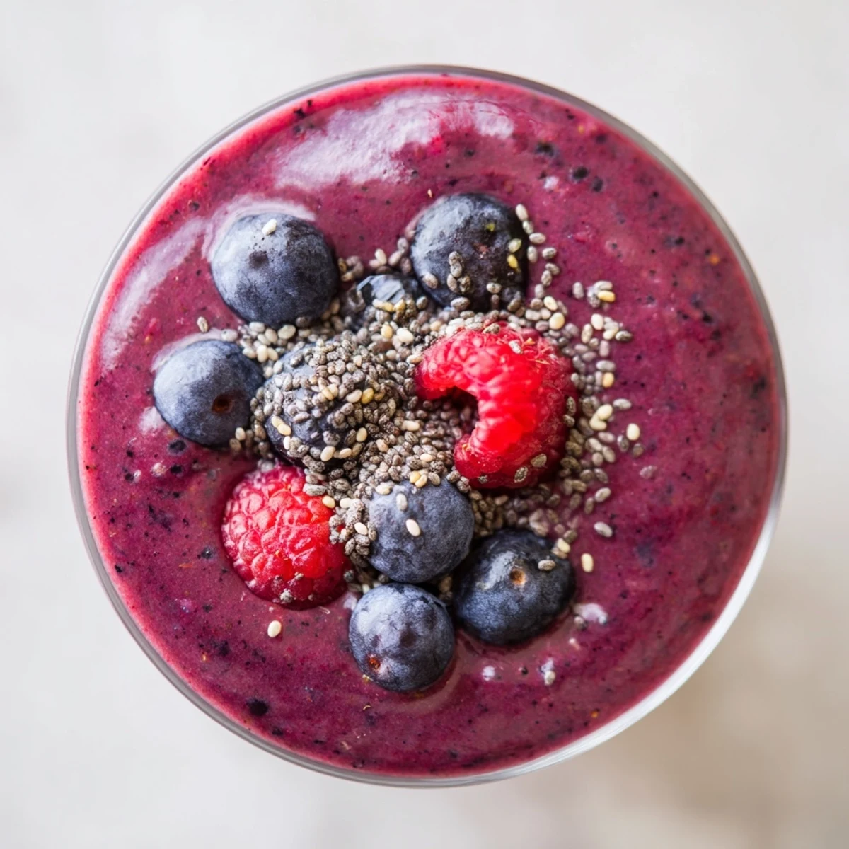 Two glasses of vibrant Winter Berry Smoothie topped with chia seeds and fresh berries, perfect for a refreshing winter breakfast.