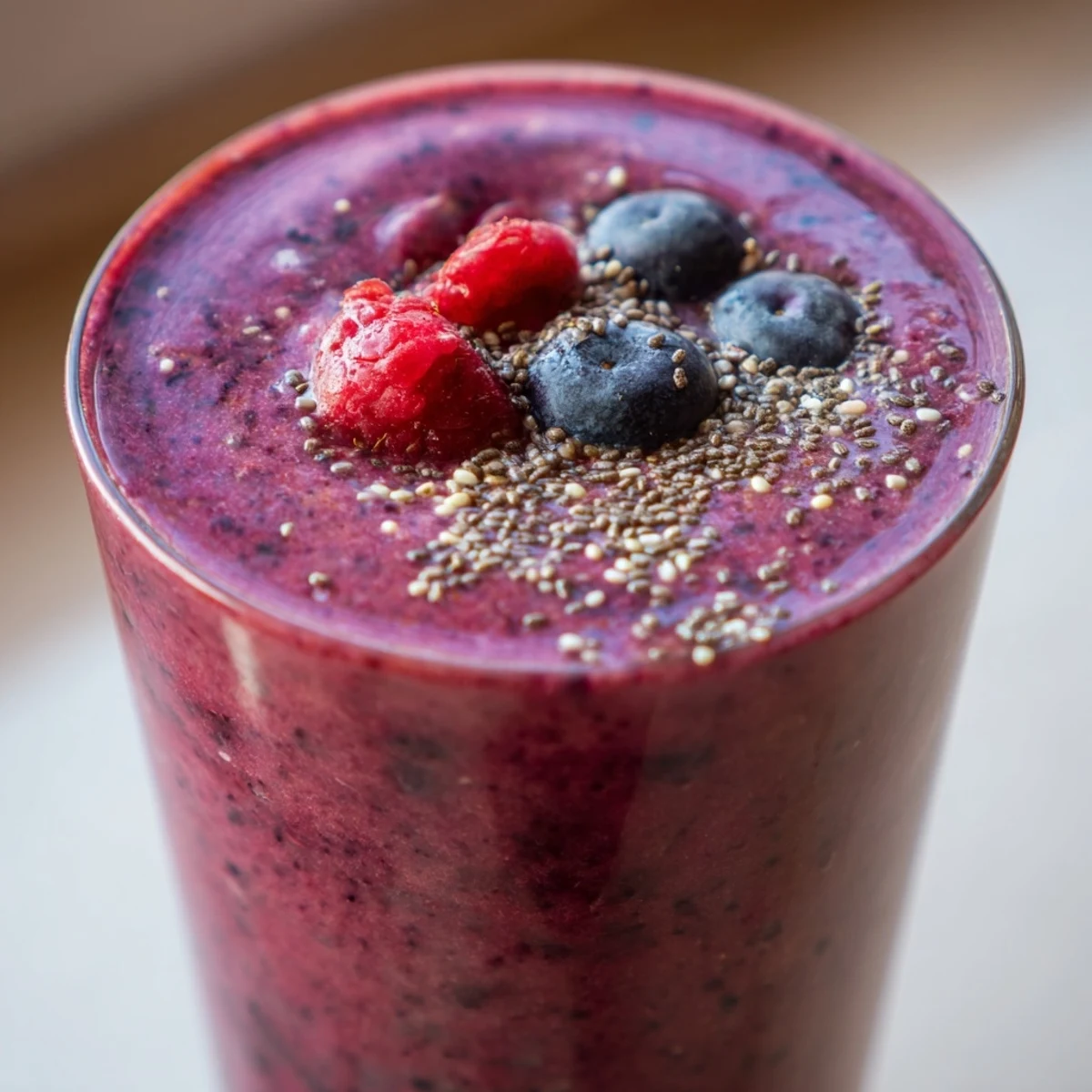 A close-up of Winter Berry Smoothie in a glass, garnished with fresh berries and chia seeds, showing a thick, purple texture.
