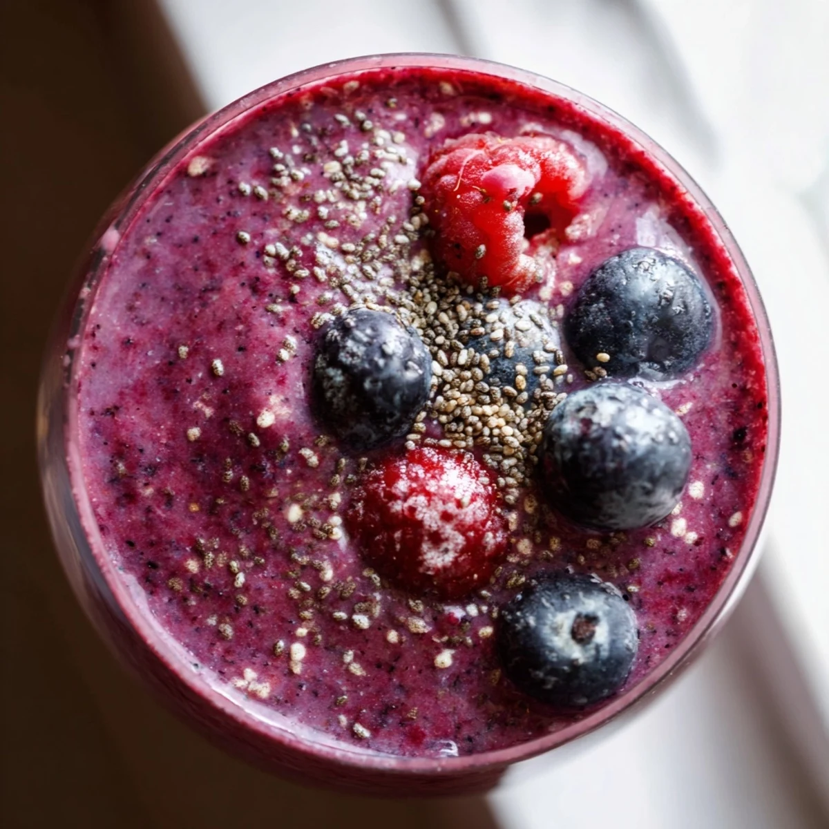 Winter Berry Smoothie poured into a tall glass, with a spoon revealing its creamy yogurt and berry consistency in bright light.