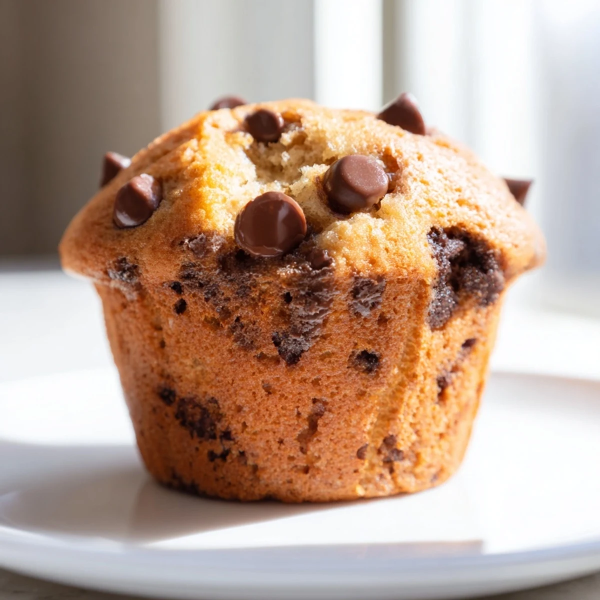 Fluffy chocolate chip muffins with melty chocolate chips on a rustic wooden table, ready to enjoy with a cup of coffee.
