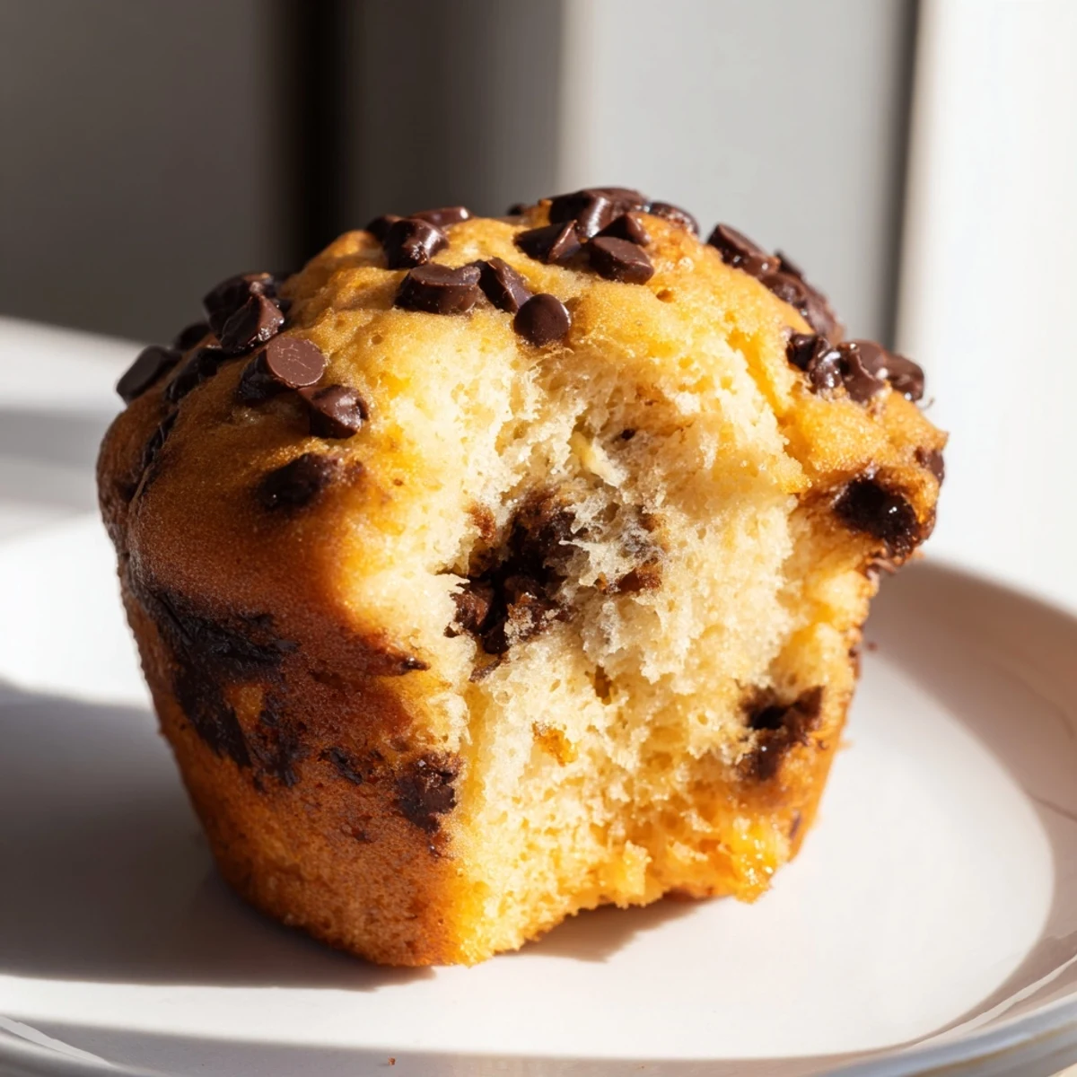 Warm, freshly baked chocolate chip muffins lined in a muffin tin, golden-brown and perfect for a sweet breakfast snack.